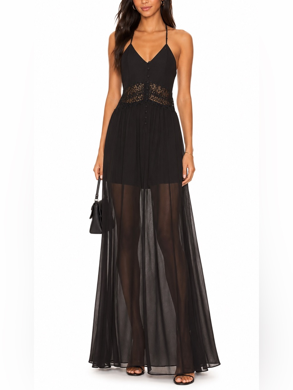 Pristine Sans Souci Black Lace Crochet Trim Button Front Sheer Maxi Dress Xs